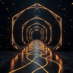 Fototapeta premium Futuristic tunnel with glowing orange geometric arches and swirling light patterns on the floor, set against a starry, dark background conveys mystery and intrigue.