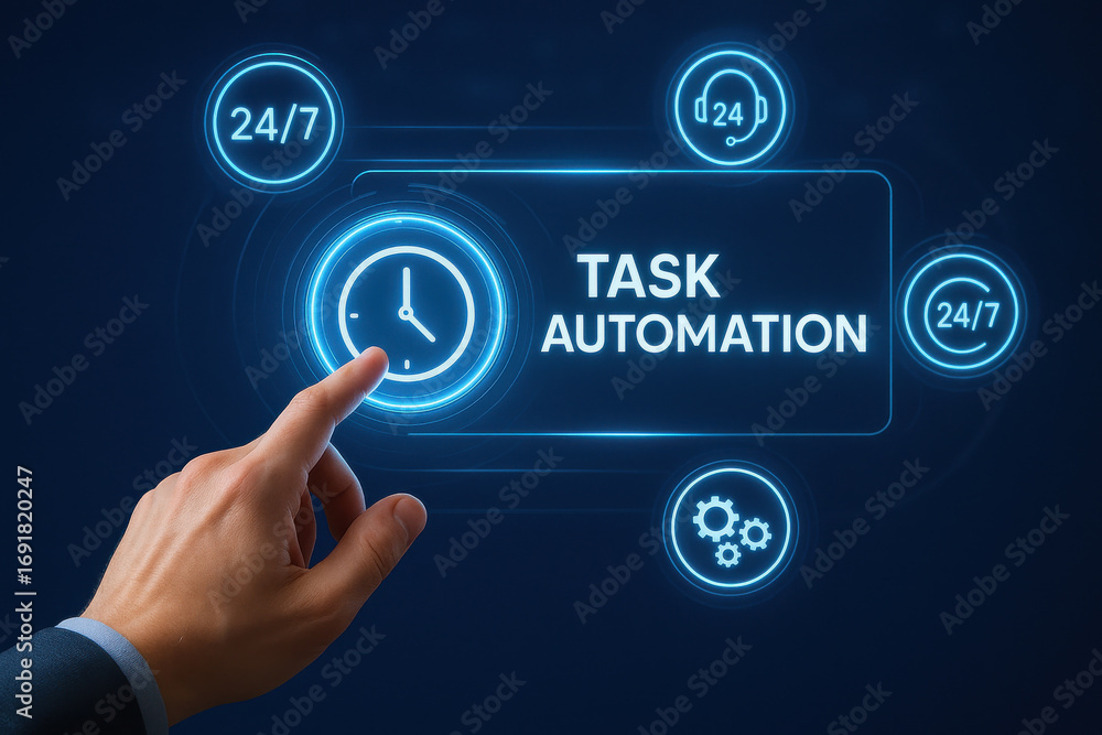 Poster task automation concept with hand pointing on clock icon and digital interface glowing