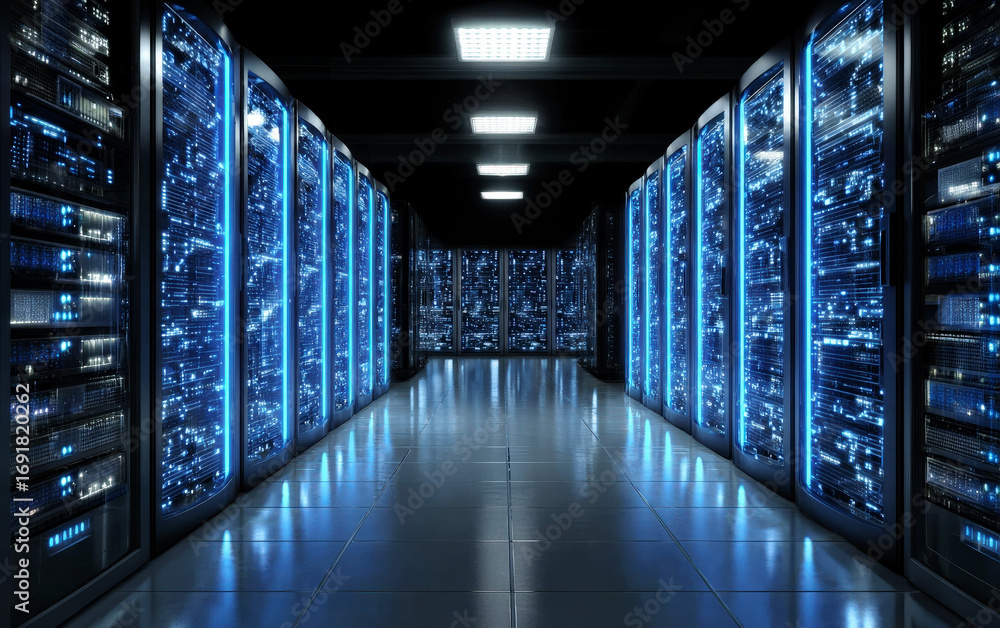 Poster modern data center with rows of server racks and blue lights