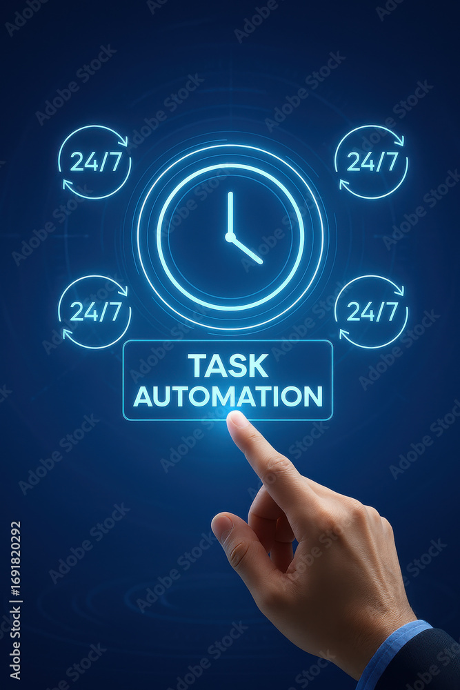 Aufkleber task automation concept with hand pointing on digital clock and 24/7 service icons