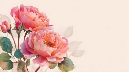 Fototapeta premium Watercolor illust n of delicate pink and peach roses with soft lighting and ample background space
