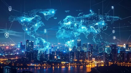 Global digital network connecting city skylines representing technological advancement