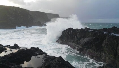 Dramatic ocean waves crashing against dark volcanic rocks