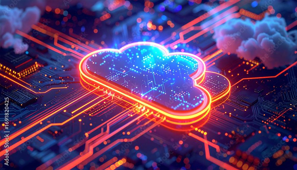 Poster digital cloud innovation: an evocative, futuristic image of a radiant cloud emblem, intricately wove