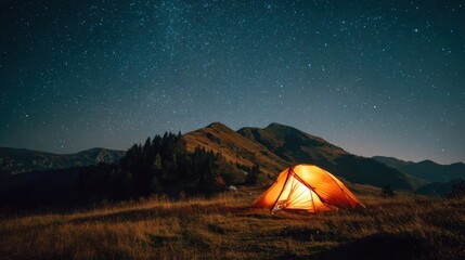 Ultra quality image of illuminated orange tent glows warmly against a dark, star-studded night sky above a mountainous landscape.