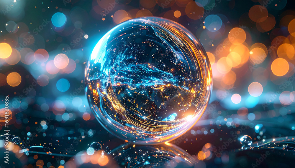 Poster illuminating sphere with bokeh effect : this abstract image shows a glowing transparent sphere, illu
