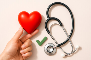 Heart health checkup illustration with stethoscope and human hand marking checklist symbolizing medical examination and prevention awareness