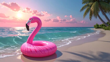 Pink flamingo floaty beach sunset