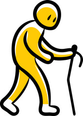 Stylized elder figure strolling confidently with a cane, embodying vitality and strength