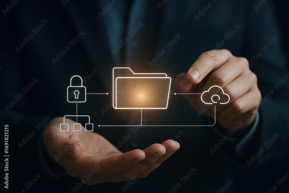 Aufkleber digital data security concept with glowing folder lock and cloud icons above hands