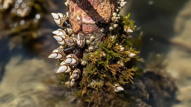 Gooseneck Barnacles Clinging to a Mossy Post in Clear Water.