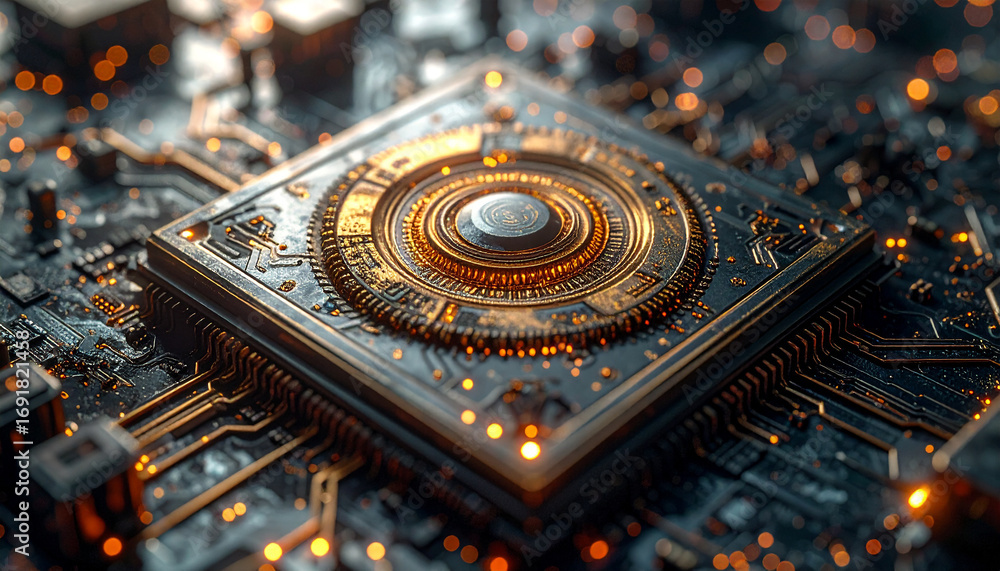 Poster intricate processor close-up: a highly detailed, close-up photograph showcases a complex processor, 