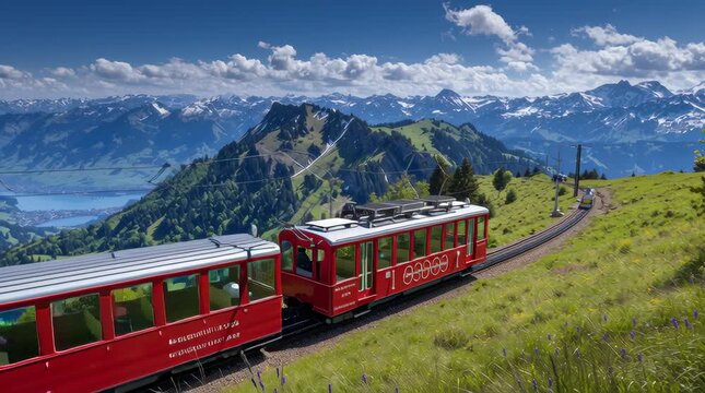 Ultra realistic DSLR photograph of the Rigi mountain railway in Switzerland, bright red cogwheel train climbing the alpine slopes, surrounded by lush green meadows and snowy peaks in the distance, cle