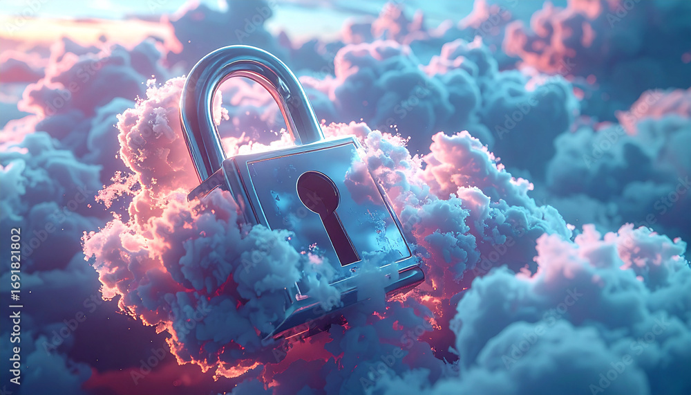 Poster secure cloud: a close-up shot of a secure lock against a backdrop of fluffy, ethereal clouds, creati