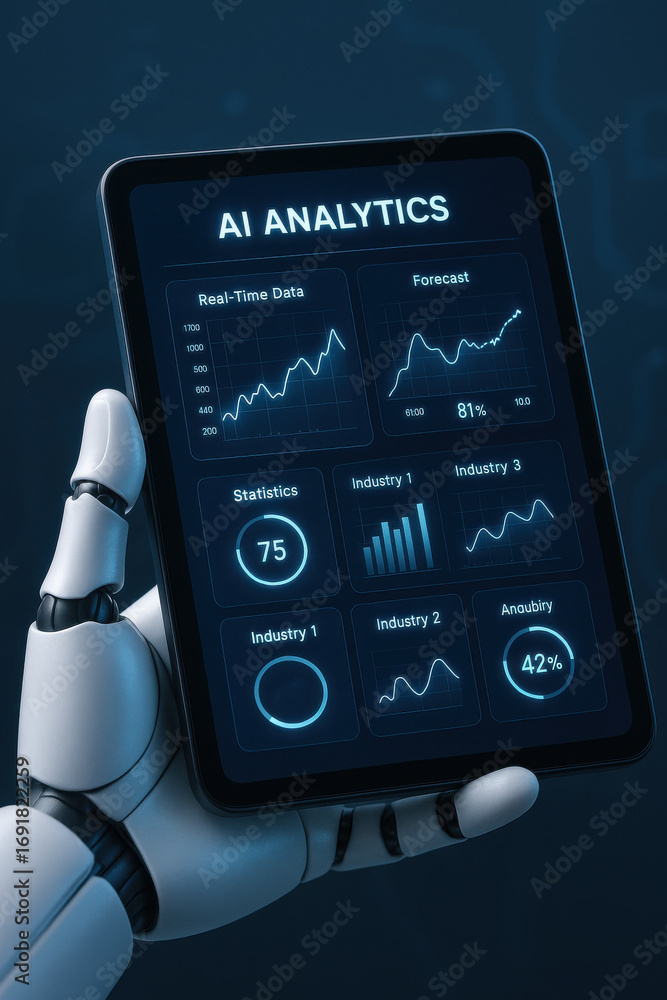 Poster ai analytics dashboard on futuristic robot hand showing data and forecast with glowing interface