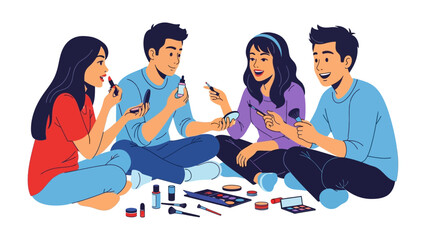 Four young diverse friends sitting together applying makeup and having fun during a playful beauty session indoors