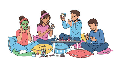 Four young friends enjoying a fun spa day at home applying face masks and makeup while sitting on colorful cushions and pillows