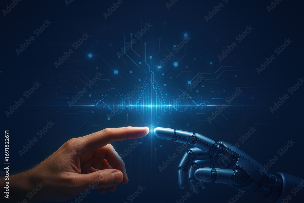 Poster human finger and robot finger almost touching with digital wave and circuit background