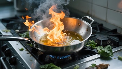 Oil in pan on kitchen gas stove burning with fire
