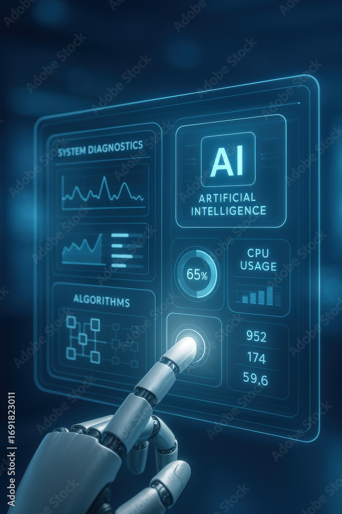 Poster artificial intelligence system diagnostics with robotic hand interacting on digital screen