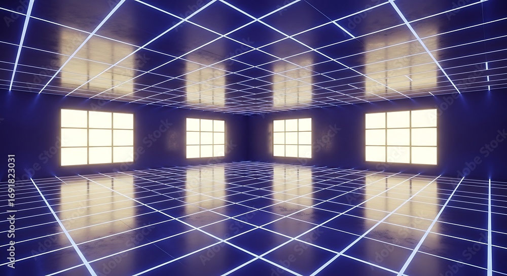 Poster abstract luminous interior with checkered patterns and light windows