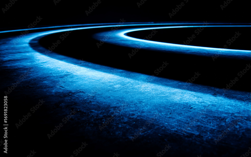 Poster blue curved lines forming abstract geometric patterns in dark background