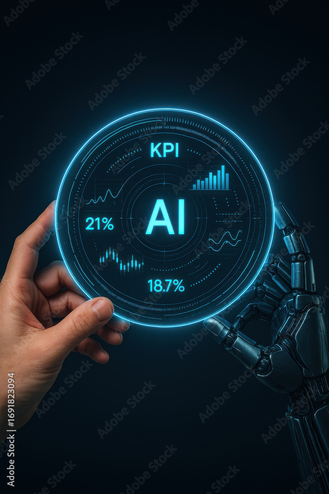 Poster ai technology concept with human and robotic hand holding digital kpi data display