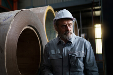 Senior engineer inspects metal sheet coil in factory, quality control concept.