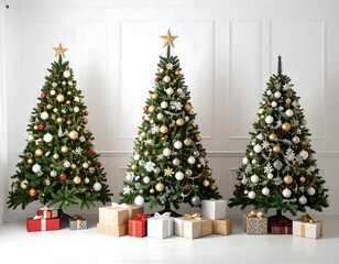 Three decorated Christmas trees with gifts