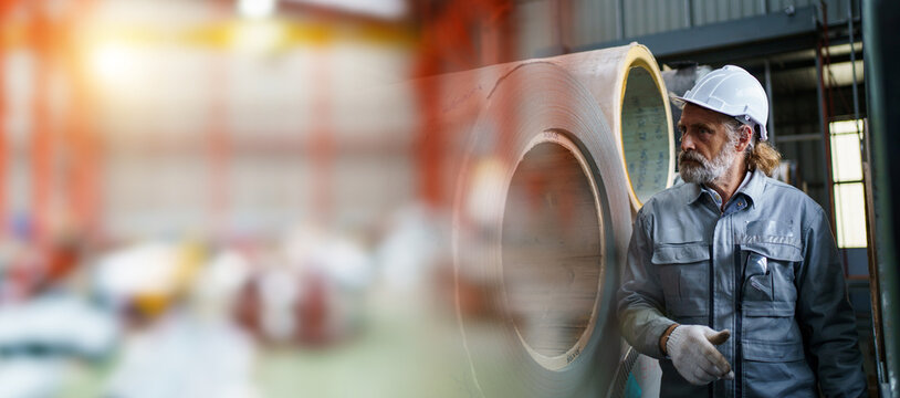 Senior engineer inspects metal sheet coil in factory, quality control concept. - Powered by Adobe
