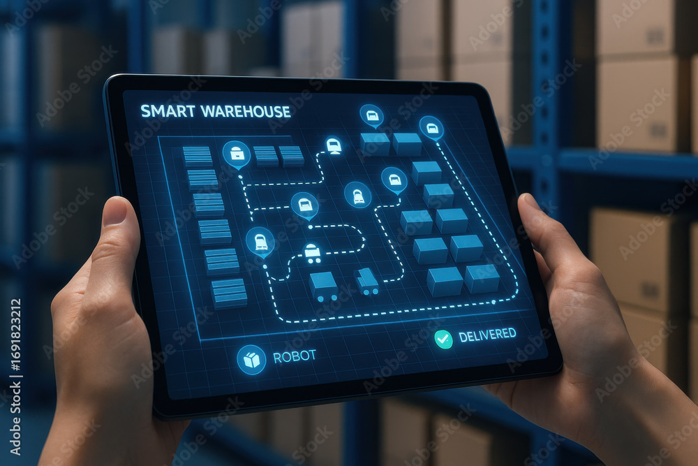 Poster smart warehouse management system on tablet with robot delivery tracking interface