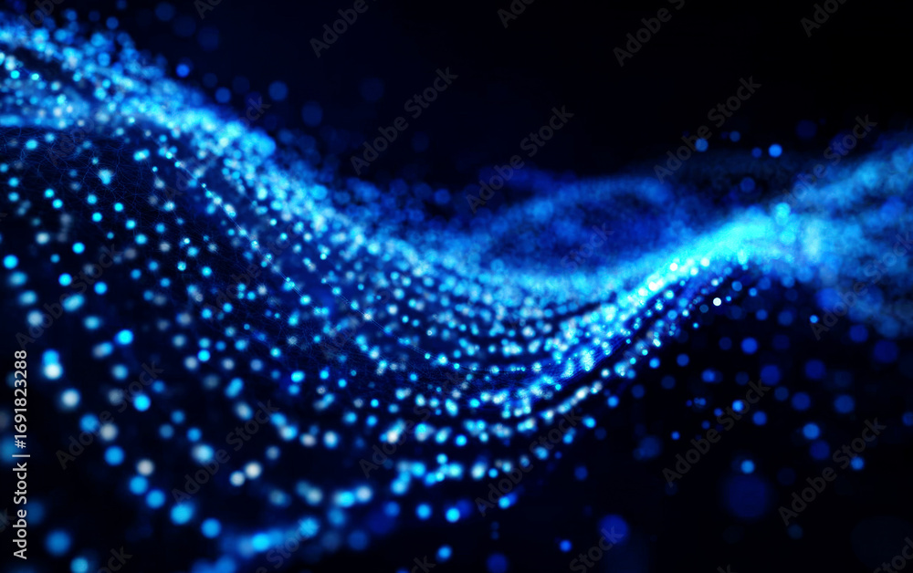 Poster abstract blue digital particles forming a dynamic wave pattern
