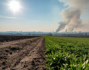 Air Pollution from Factories Over Farmland