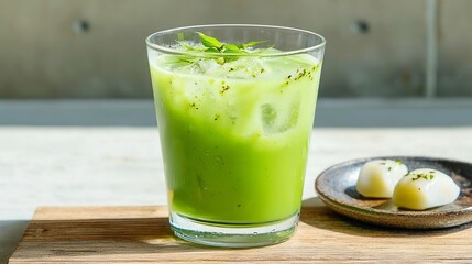 Refreshing green smoothie in glass, vibrant fruit blend on wooden surface, healthy drink with snack, perfect for wellness.