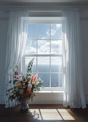 Fototapeta premium A vibrant floral arrangement sits beside a large window, showcasing a tranquil ocean view and bright sunlight filtering through sheer curtains.