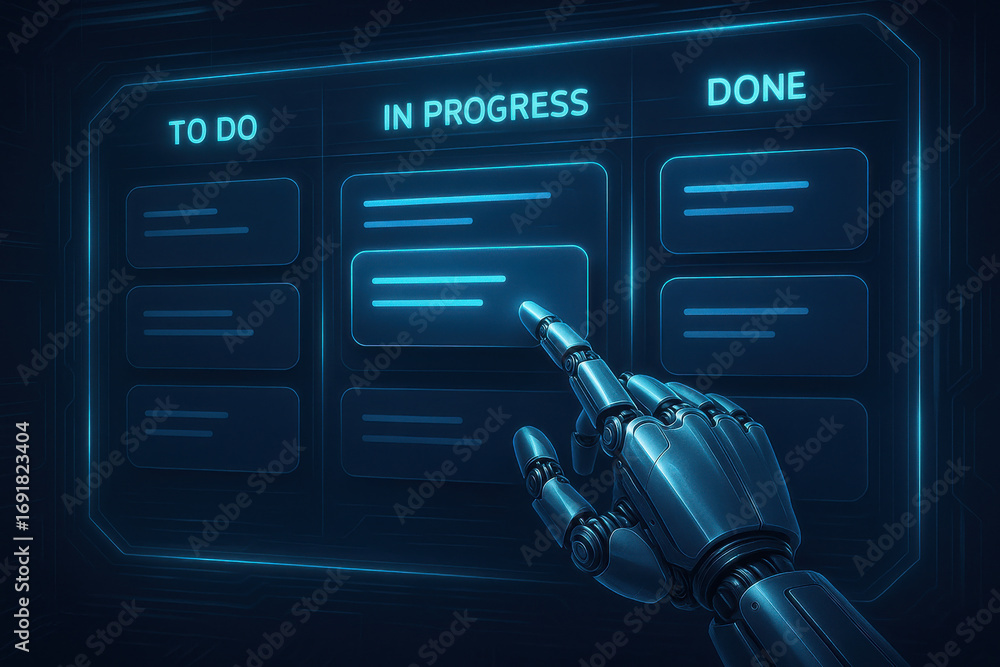 Poster robot hand pointing at task board with to do, in progress, and done columns in futuristic style