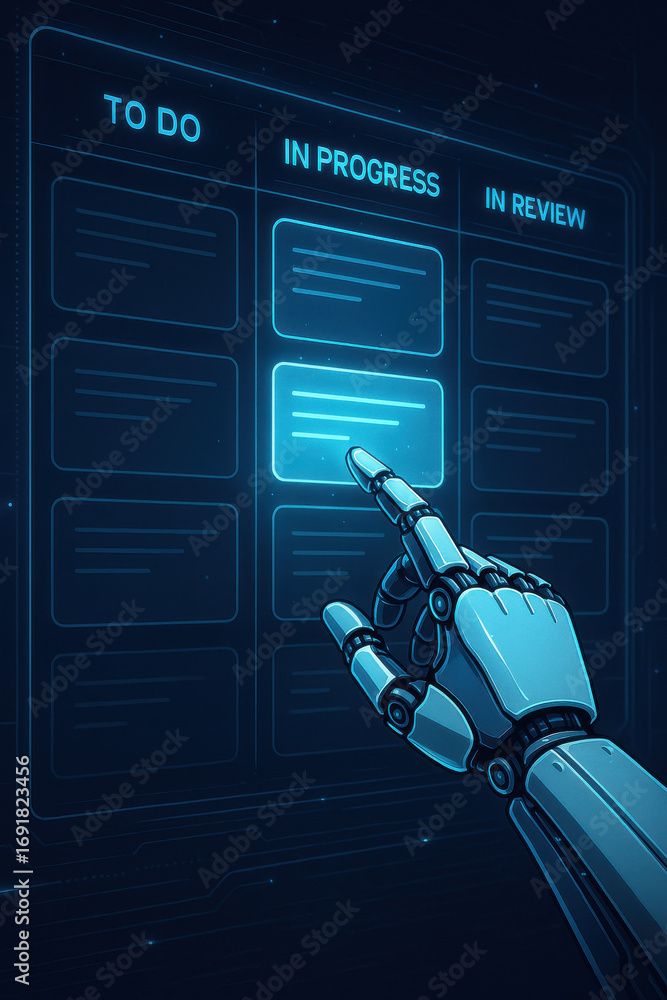 Poster robotic hand selecting task on digital project management board with progress status