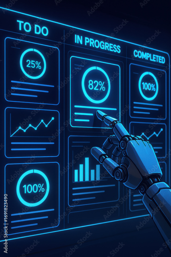Poster robotic hand interacting with digital progress dashboard showing task completion percentages