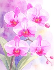 Fototapeta premium Pink orchids watercolor painting