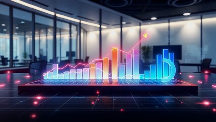 Futuristic Business Graphs and Charts with Data Analytics Holograms – Corporate Growth and Financial Success.