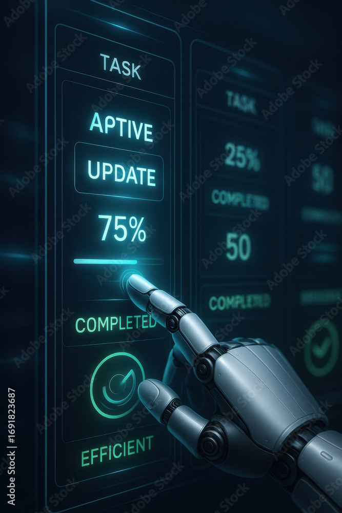Poster active task update progress 75 percent shown futuristic digital screen with robot hand pointing