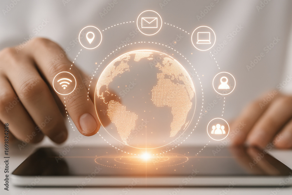 Poster digital globe with communication icons and hand interacting on tablet screen
