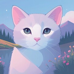 Serene kitty portrait, mountain backdrop