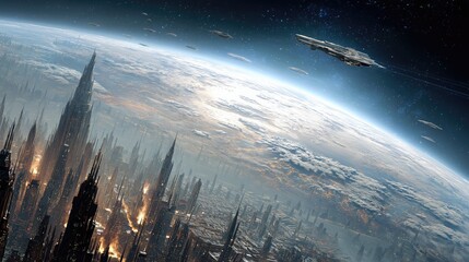 Business and Career Development vision of a futuristic metropolis with spaceships soaring above a distant planet