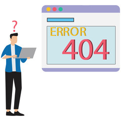 A confused man holding a laptop encounters an error 404 message on a website, isolated on white background the error is displayed on a computer screen