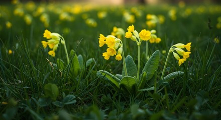 Fototapeta premium Yellow flowers in grassy field