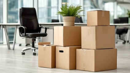 A pile of packed cardboard boxes, a chair, and a plant in a modern office setting