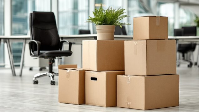 A pile of packed cardboard boxes, a chair, and a plant in a modern office setting