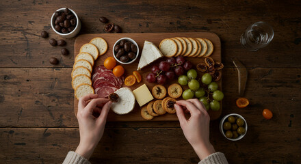 Charcuterie board with salami cheese crackers grapes and nuts on wooden table with hands adding a cracker