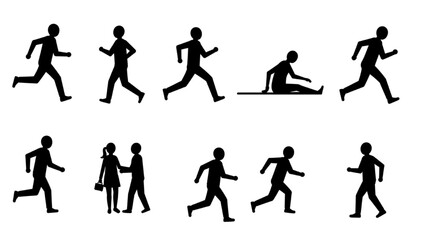 Fototapeta premium People Silhouette Icon Set – 10 Black Solid Minimalist Figures in Active Lifestyle, Motion, and Poses